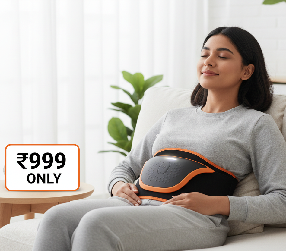 a girl using perids massager belt for her periods pain relif and its price just 999 rupees only all are in orange black combination