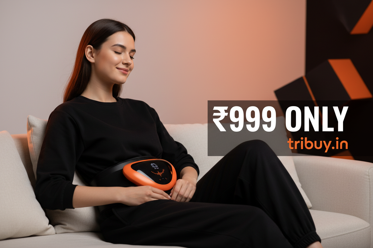 a girl using perids massager belt for her periods pain relif and its price just 999 rupees only is in the left center side ,all are in orange black combination and image must be 4k clarity and clear is from tribuy.in